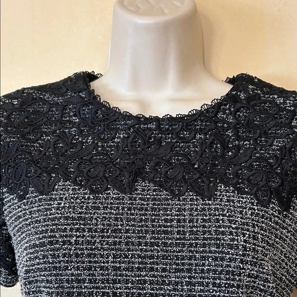 Karl Lagerfeld Black and Gray Tweed Lace-Trim Midi Dress size 2 - Picture 3 of 13